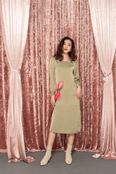 Minimalist Silk Midi Dress with Long Sleeves and Clean Silhouette for Elegant Day-to-Night Style